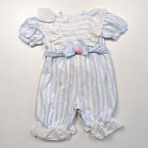 Vintage Nannette Romper Girls Size 12m Blue Stripe Rosette Bubble